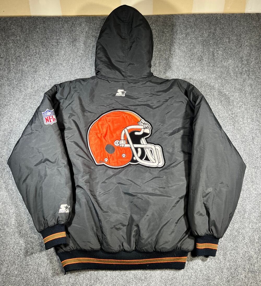 Vintage 90s Cleveland Browns Starter Hooded Puffer Jacket NFL Black Large